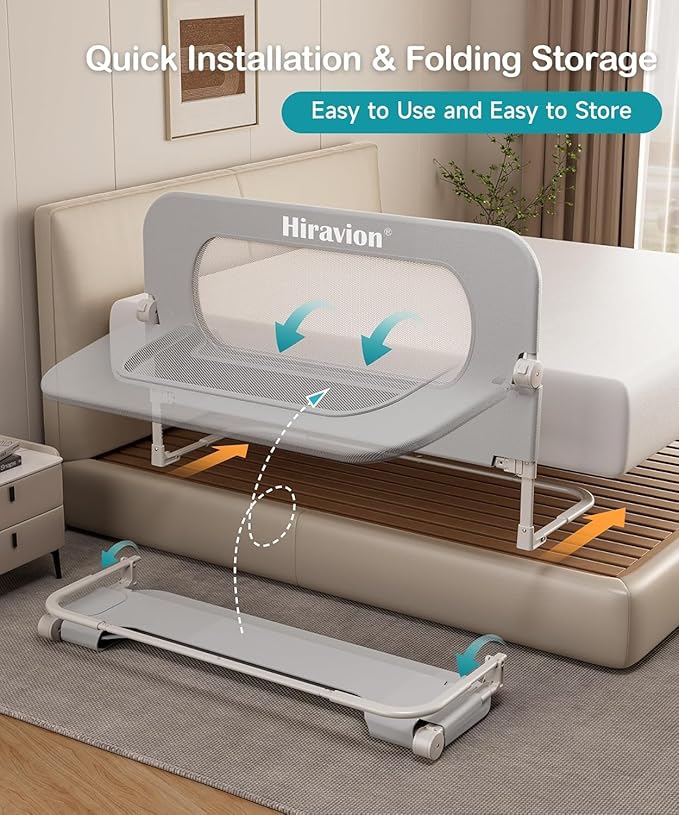 Bed Rail for Toddlers, Baby Bed Rail Guard with U-Shape Base, Height Adjustable & Foldable Toddler Bed Rails for Full Size, Queen, King, Twin (Grey, 59in)