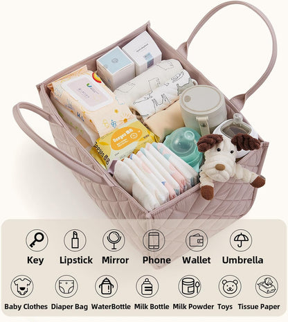 SUNVENO Quilted Diaper Caddy Organizer, Soft Padded Baby Diaper Caddy with Removable Dividers, Large Nursery Storage Basket for Diapers, Wipes and Baby Essentials, Portable Nursery Organizer, Brown