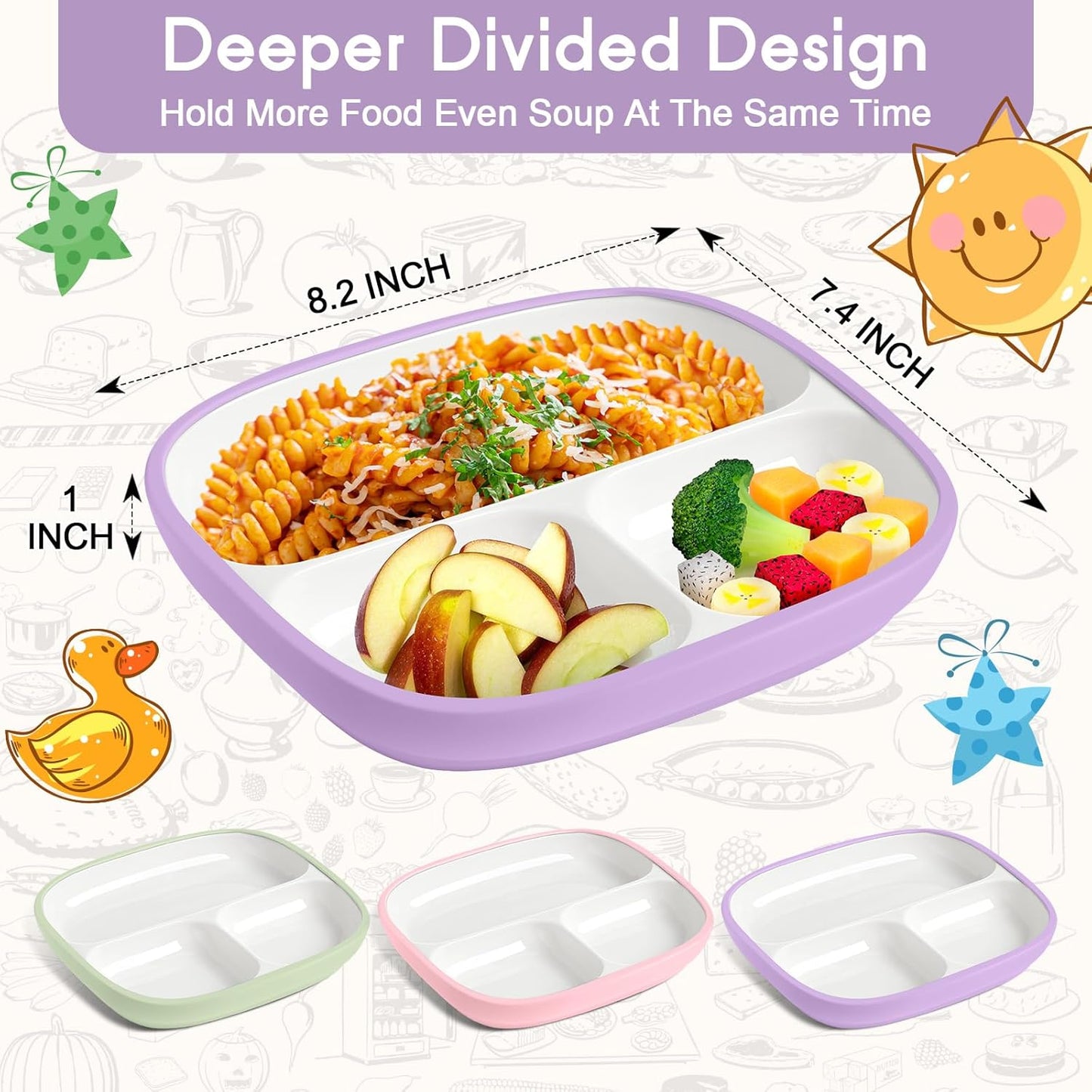 Domensi Kids Porcelain Plates with Silicone Sleeves 8.2 Inch Divided Porcelain Plate Toddler White Suction Dishes for Baby Troubleless Eating Microwave Dishwasher Safe(Stylish,3 Set)
