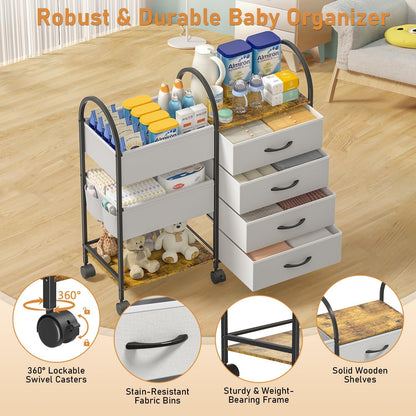 Baby Diaper Caddy Organizer Cart with Wheels, 4-Tier Rolling Diaper Cart with Dividers and Drawers, Multi-Layer Nursery Storage for Diapers & Baby Essentials