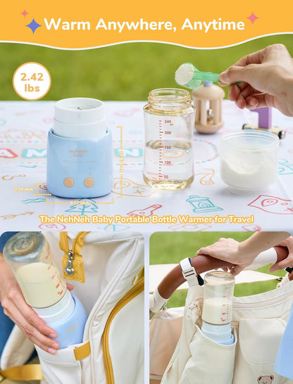 Portable Bottle Warmer On The Go, Includes 9 Brand Adapters, Fast Heating with Precise Temperature Control, Detachable & Leak-Proof Design, Baby Bottle Warmer for Travel - Blue