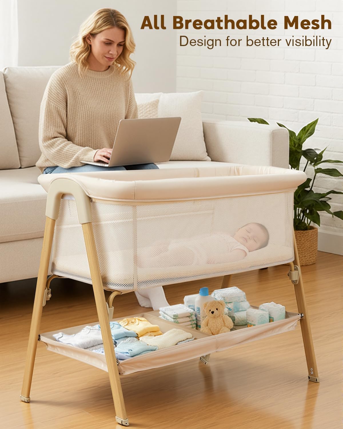 Baby Bassinet, Bedside Bassinet for Baby, Bassinet Bedside Sleeper with Mattress, Storage Basket and 4 Auto-Lock Wheels, Full-Mesh Sides, Bedside Mini Crib for Newborn (Beige)