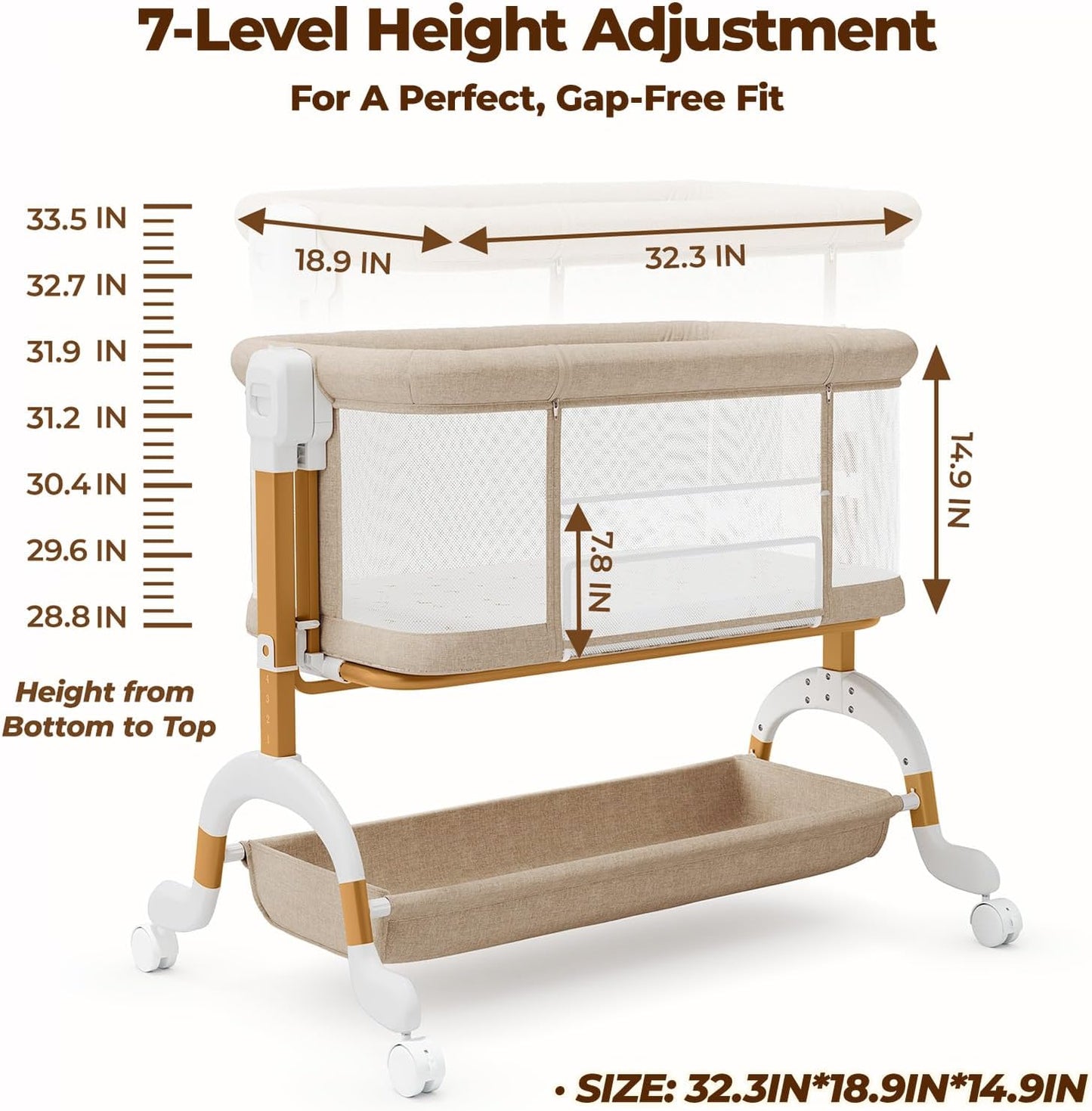 Ezebaby 3 in 1 Baby Bassinet Bedside Sleeper, Rocking Bassinet for Baby with Comfy Mattress & Breathable Full Mesh Sides, 7 Height Adjustable | Portable Crib for Newborns with Lockable Wheels