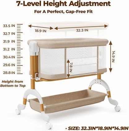 Ezebaby 3 in 1 Baby Bassinet Bedside Sleeper, Rocking Bassinet for Baby with Comfy Mattress & Breathable Full Mesh Sides, 7 Height Adjustable | Portable Crib for Newborns with Lockable Wheels