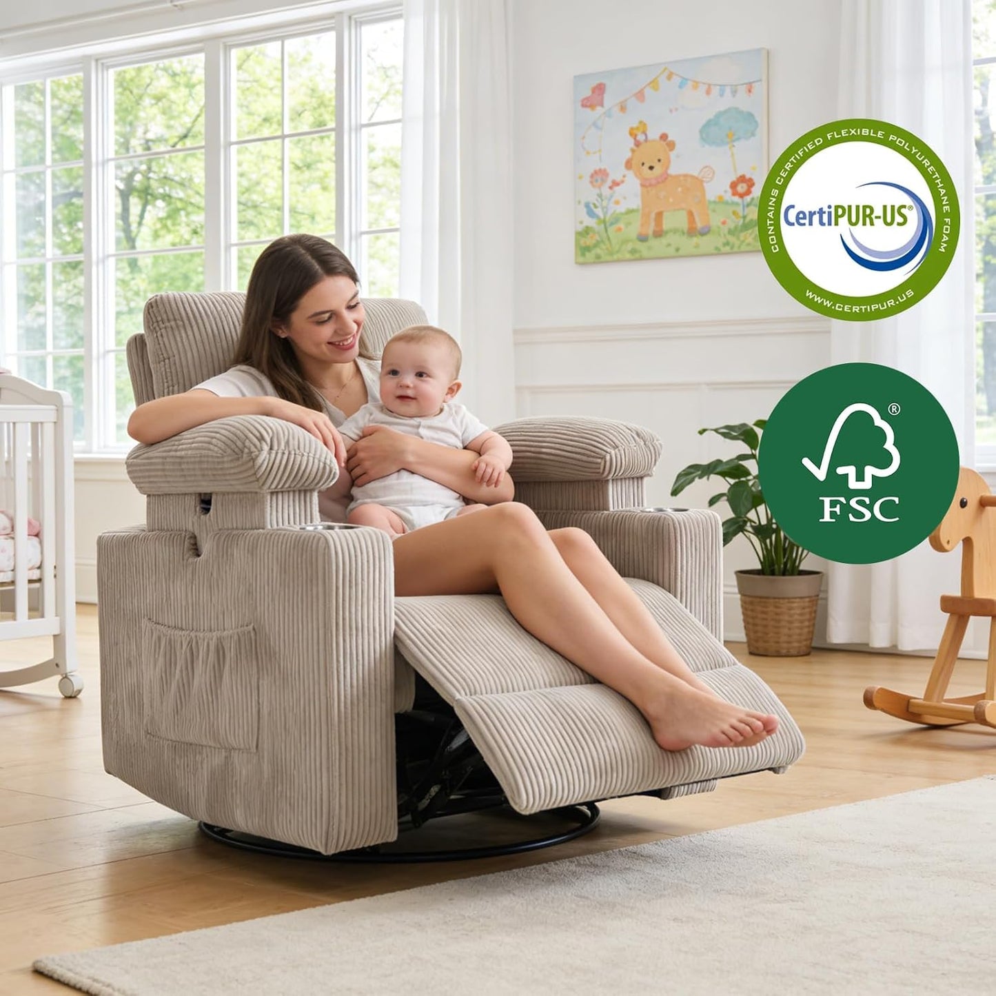 Rocking Chair Nursery with Adjustable Armrest for Breastfeeding, Glider Recliner Nursery Chair with Massage and Heat, Power Swivel Rocker Recliner with Adjustable Headrest, Corduroy, Beige