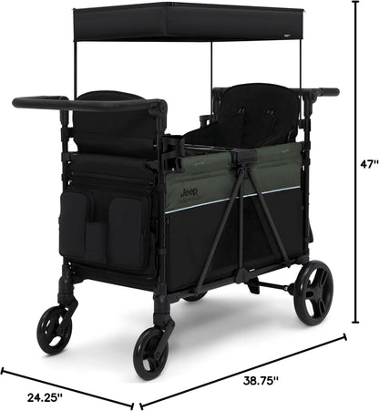 Jeep Aries Stroller Wagon by Delta Children Premium Wagon for 2 Kids with Convertible Seats, Adjustable Push/Pull Handles, Removable Canopy & Flat Fold - Greenguard Gold Certified, Black/Green