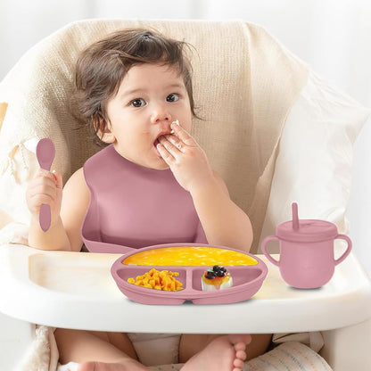 100% Silicone Baby Feeding Set, BPA Free Baby Dishes with Suction Bowl, Divided Plate, Toddler Self Feeding Dish Set with Spoons, Forks, Sippy Cup and Bib, Baby Eating Utensils (Navy Blue)
