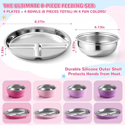Havawish 8 Pcs Stainless Steel Baby Plate and Bowls with Suction, 8.3" Kid Divided Plate and 4" Toddler Bowl with Removable Silicone, BPA-free Non-slip Baby Feed Set Dishwasher Safe for Boy Girl(Pink)
