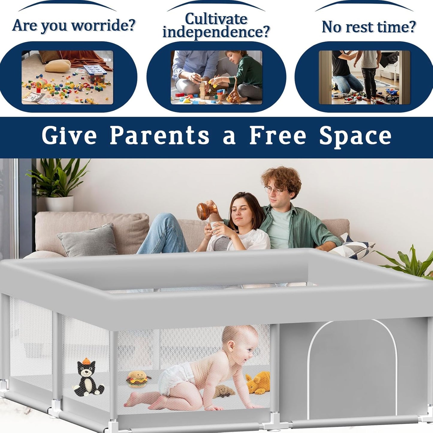 Baby Playpen with Mat, 50x50 Inch Playpen with Mat Waterproof for Babies and Toddlers Play Pen Playards Safety Gate Fence Active Center Indoor