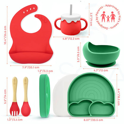 BPA-Free Non-Toxic Silicone Baby Feeding Set – Suction Plate, Bowl, Bib & Cup – 11-Piece Baby Led Weaning Set for Ages 6-18 Months – Eco Gift Bag (Dusty Blue)