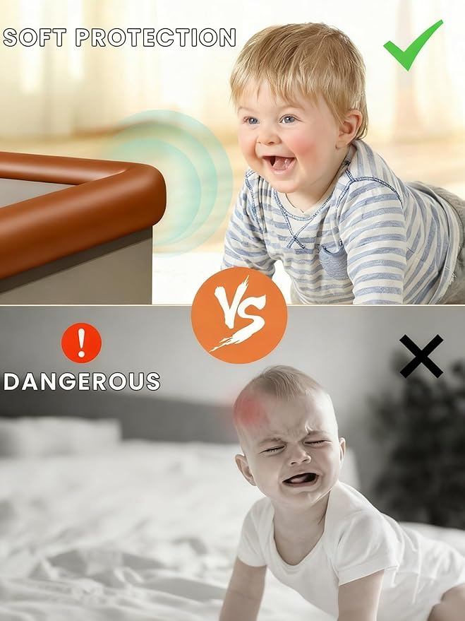 Baby Proof Edge Corner Protector, 16.4FT 0.47''Th L-Shape Furniture Corner & Edge Safety Bumpers with 10 Corners, Pre-Taped, Soft NBR Rubber Foam Desk Edge Cushion Wall Corner Protector (Brown)