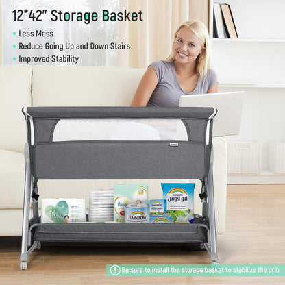 Cowiewie Bassinet Bedside Sleeper, Baby Bassinet with 7 Adjustable Height, Bedside Bassinet for Baby with Storage, Breathable Mesh & Mattress, Portable Bassinet Easy Folding (Pyramid Light Gray)