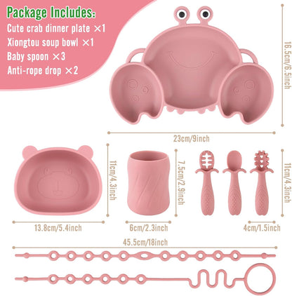 Silicone Baby Feeding Set, 8-Piece Baby Led Weaning Supplies Included Toddler Suction Plate, Bowl, Cup, 3 Spoons & 2 Safety Straps Keep Spoon, Fork & Bottle Off The Floor for Self-Feeding (Blue)