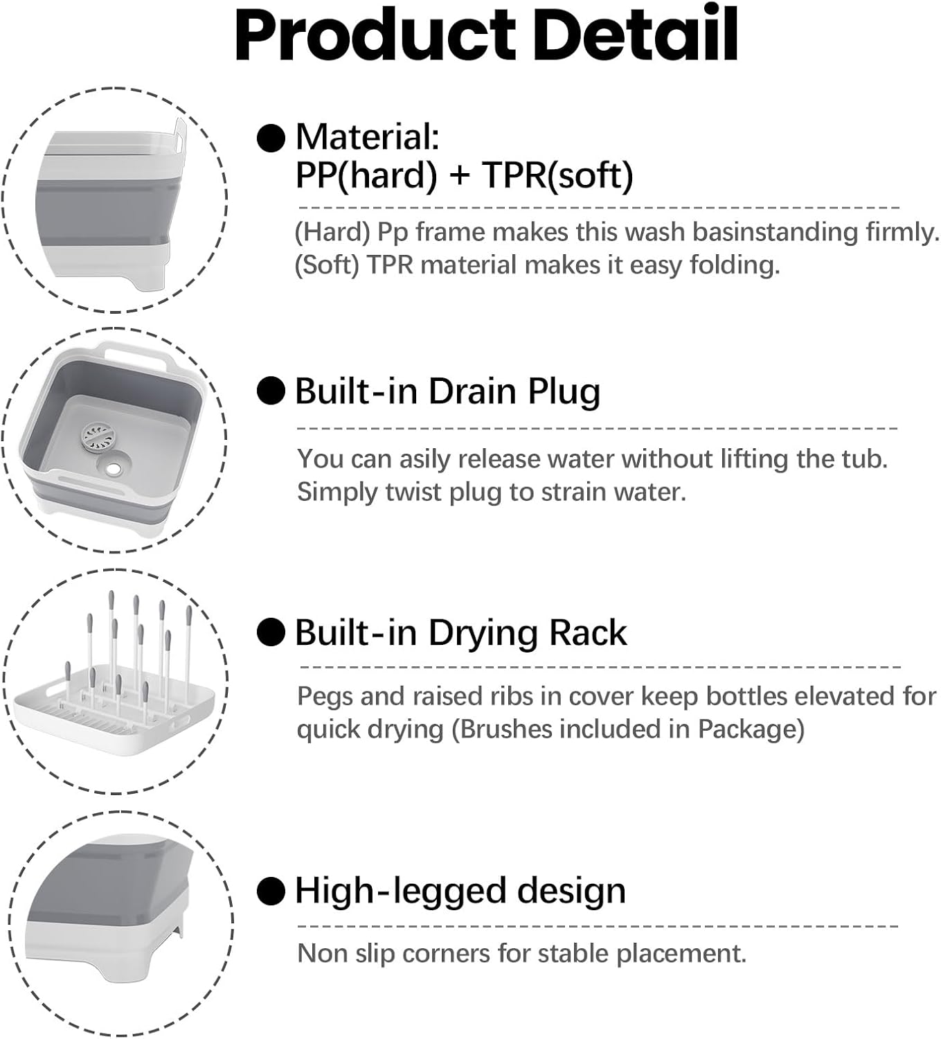 Volnamal Collapsible Wash Basin for Baby Bottles - Portable 2.4 Gallon Dish Tub with Drying Rack & Lid, Foldable Sink for Camping, Outdoor Space-Saving Tub for Kitchen, RV, Camping, Outdoor Use