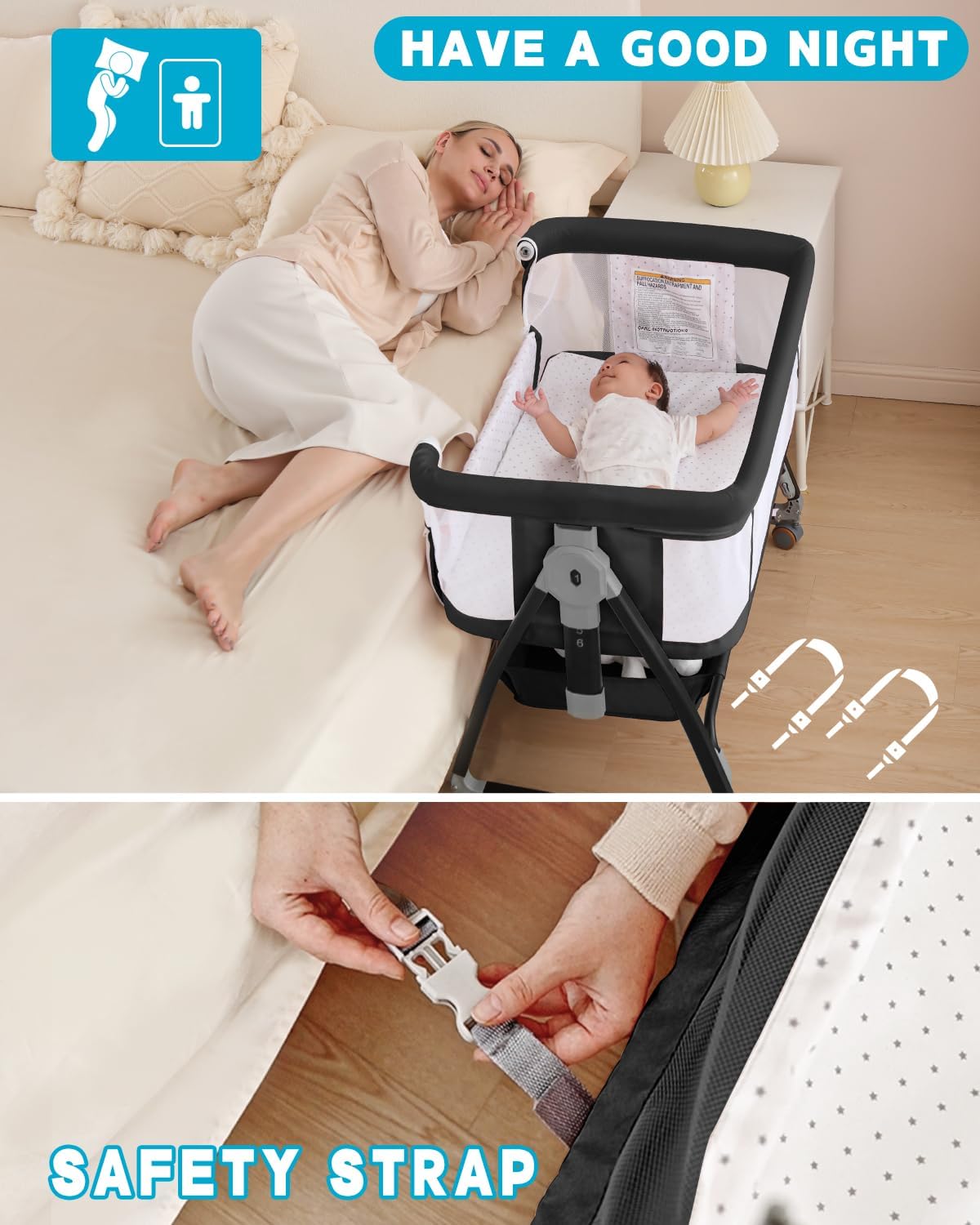 Bedside Bassinet for Baby, 3 in 1 Breathable Mesh Baby Bassinet, 6 Height Adjustable, Easy to Assemble, Bassinet Bedside Sleeper with Wheels, Mosquito Net, Storage Basket, Bassinets for Newborn Baby | Multi-functional