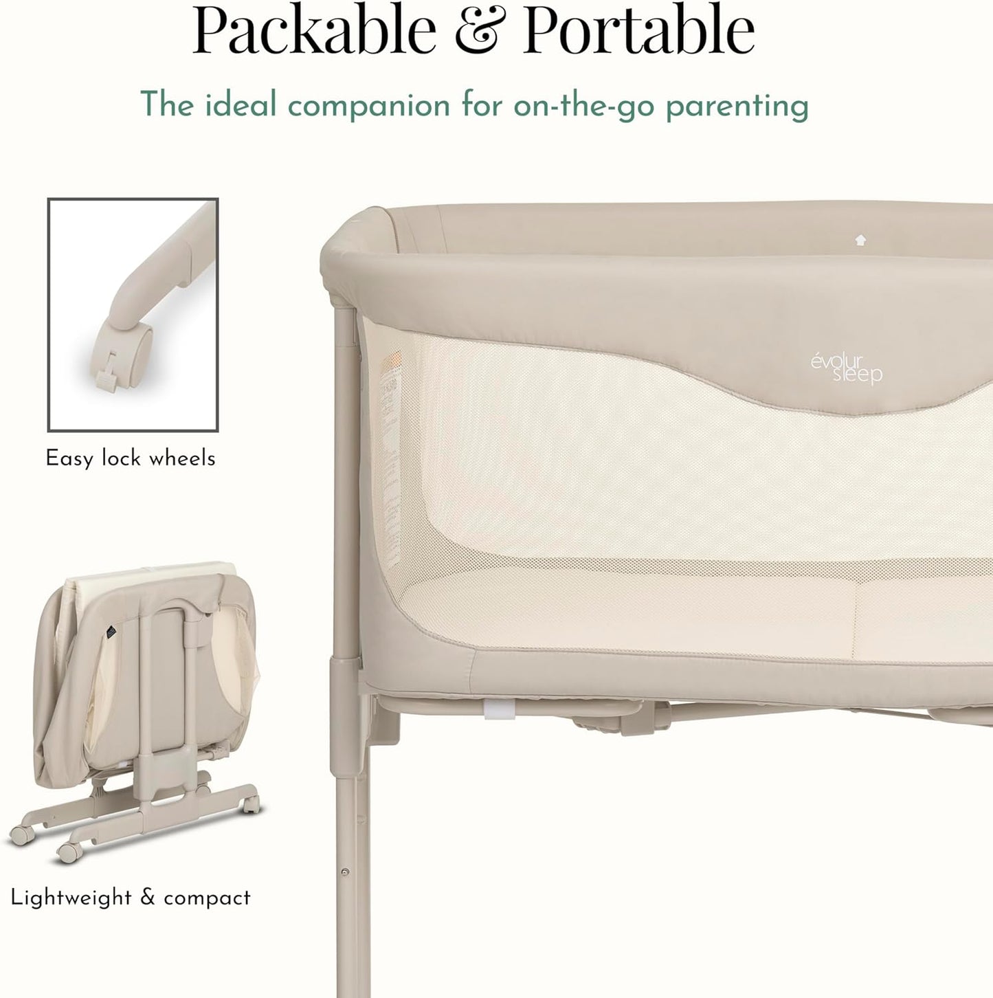 Evolur Kinsley Bedside Bassinet – Quick Fold, Breathable Mesh Sides, Lightweight Portable Baby Sleeper with Carry Bag – Newborn to 6 Months
