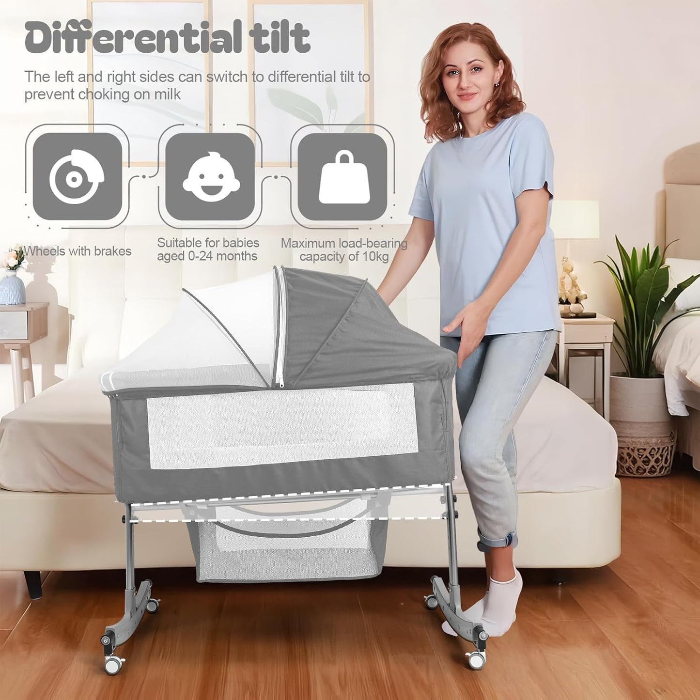 Baby Bedside Sleeper Bassinet with Changing Table, 39.4x23.6in, Portable, 6-Height Adjustable, 4-in-1 Iron Frame, Silent Wheels & Brakes, Breathable Mesh, Grey, for 0-24 Months