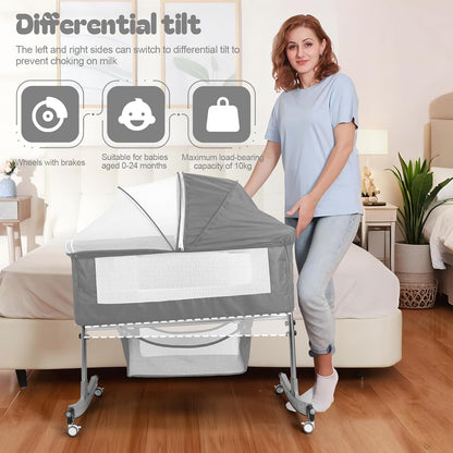 Baby Bedside Sleeper Bassinet with Changing Table, 39.4x23.6in, Portable, 6-Height Adjustable, 4-in-1 Iron Frame, Silent Wheels & Brakes, Breathable Mesh, Grey, for 0-24 Months