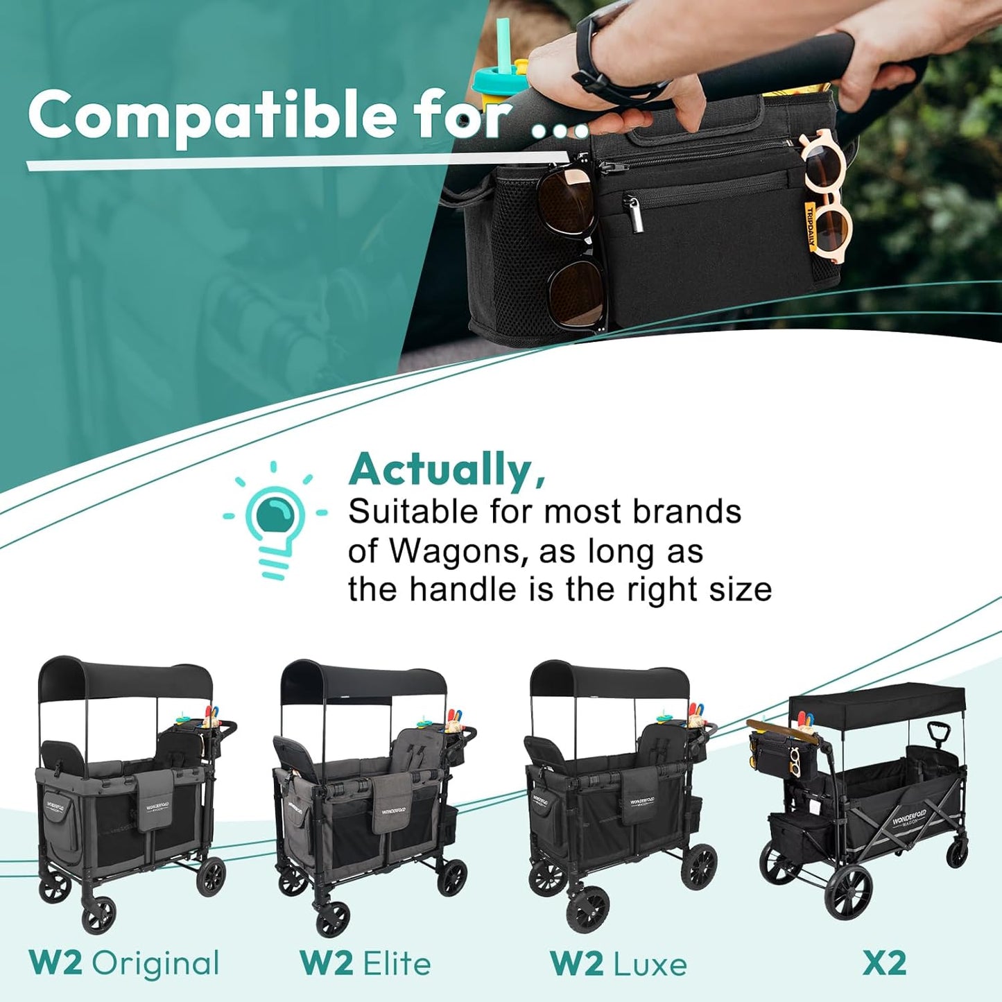 Parent Console Fits for Wonderfold W2&X2, Wagon Stroller Organizer with 2 Insulated Cup Holders, Multiple Storage Pockets, Detachable Pouch, Removable Shoulder Strap, Essential of Family