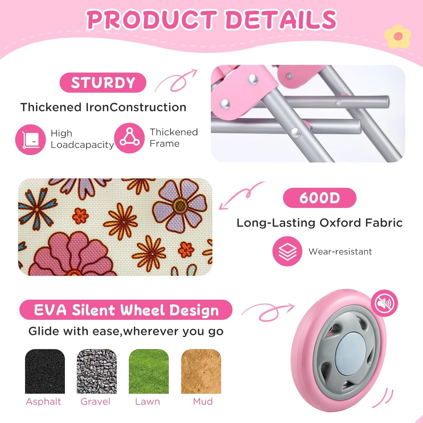 GAGAKU Baby Doll Stroller for Toddlers, Foldable Toy Stroller with Storage Basket and Bag, Diapers - Reborn Doll Accessories for Girls & Kids Ages 3+, Pink