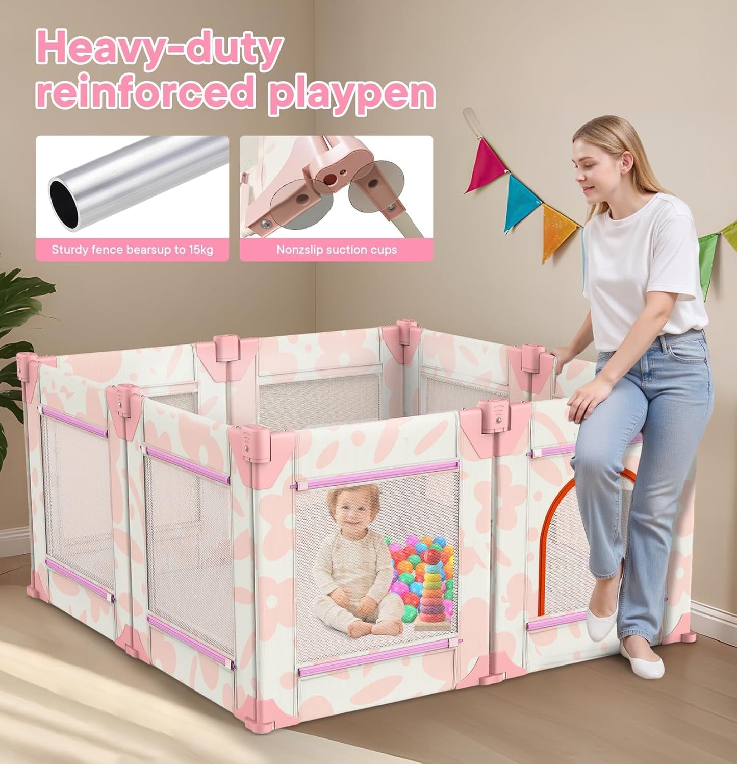 Baby Playpen for Babies and Toddlers, Upgraded 50x50 Inch Foldable No Assembly Required Play Yard with Breathable Mesh, Safe Playard with Gate, Indoor & Outdoor Infants Play Pen (1pc-Sand Checks)
