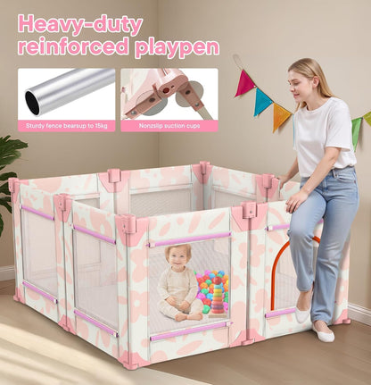 Baby Playpen for Babies and Toddlers, Upgraded 50x50 Inch Foldable No Assembly Required Play Yard with Breathable Mesh, Safe Playard with Gate, Indoor & Outdoor Infants Play Pen (1pc-Sand Checks)