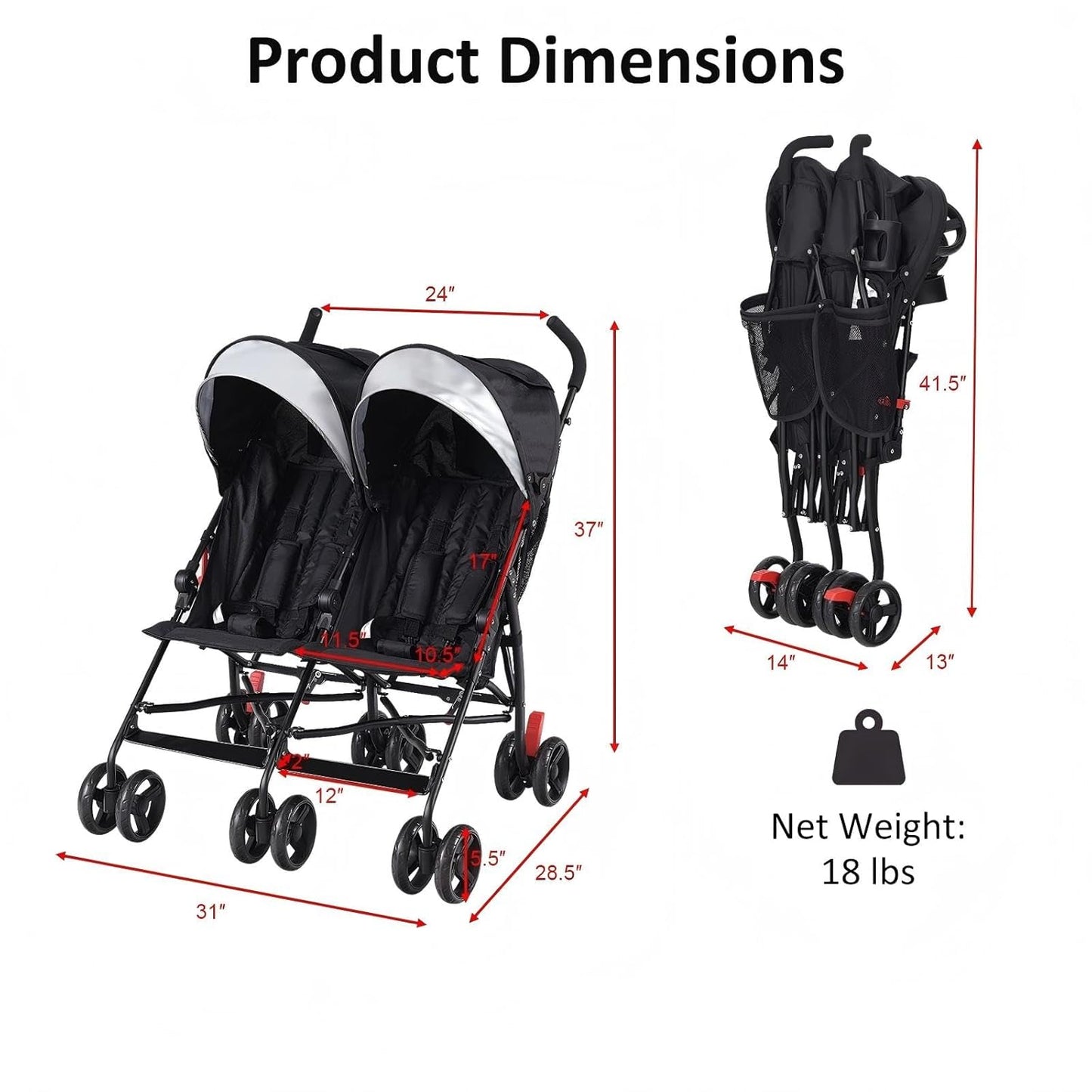 HONEY JOY Double Umbrella Stroller, Side by Side Lightweight Baby Stroller w/ 5-Point Safety Harness, Adjustable Canopy & Storage Bag, Travel-Friendly Fold, Compact Twin Stroller for Infant (Pink)