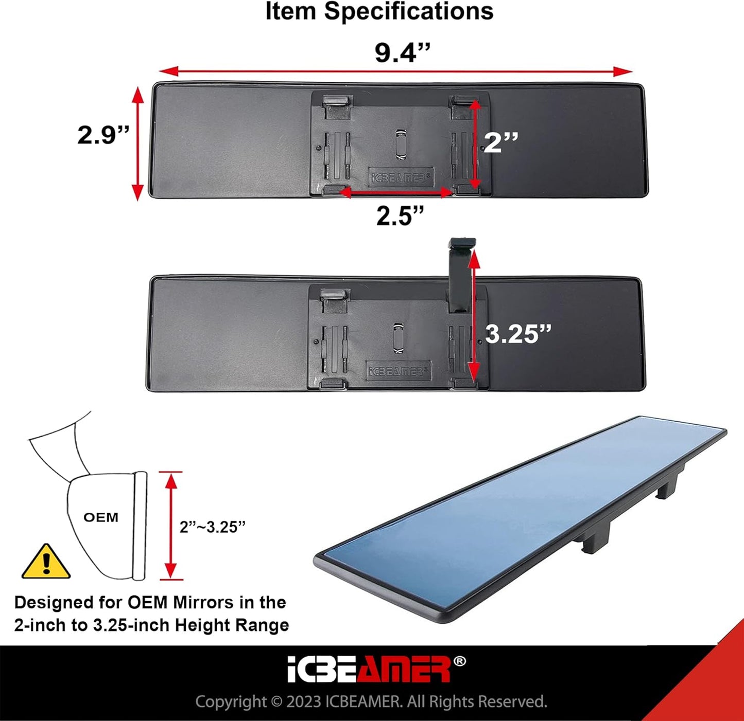 11.8" ICBEAMER Clip On Rear View Mirror | Convex Blue Tint Glass, Panoramic Wide Angle HD Glass, Anti Glare, Universal Fit for Car, SUV, Truck | Eliminates Blind Spots (1 Pack)
