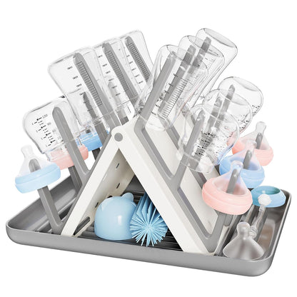 Large Baby Bottle Drying Rack, Space Saving 18 Hooks Slope Travel Bottle Dryer with Removable Drip Tray, Countertop Holder Organizer for Bottles & Baby Brushes Pacifiers and Pump Part-BPA Free