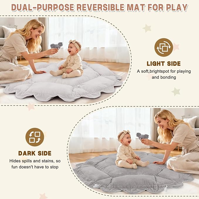 5-in-1 Baby Activity Gym & Play Mat with 6 Hanging Toys, Tummy Time Mat & Cards - Extra Large, Reversible Machine Washable Pad - Gift for Newborns, Infants 0-12 Months, Grey