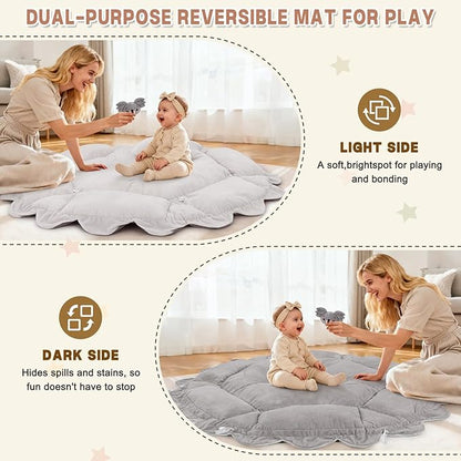 5-in-1 Baby Activity Gym & Play Mat with 6 Hanging Toys, Tummy Time Mat & Cards - Extra Large, Reversible Machine Washable Pad - Gift for Newborns, Infants 0-12 Months, Grey