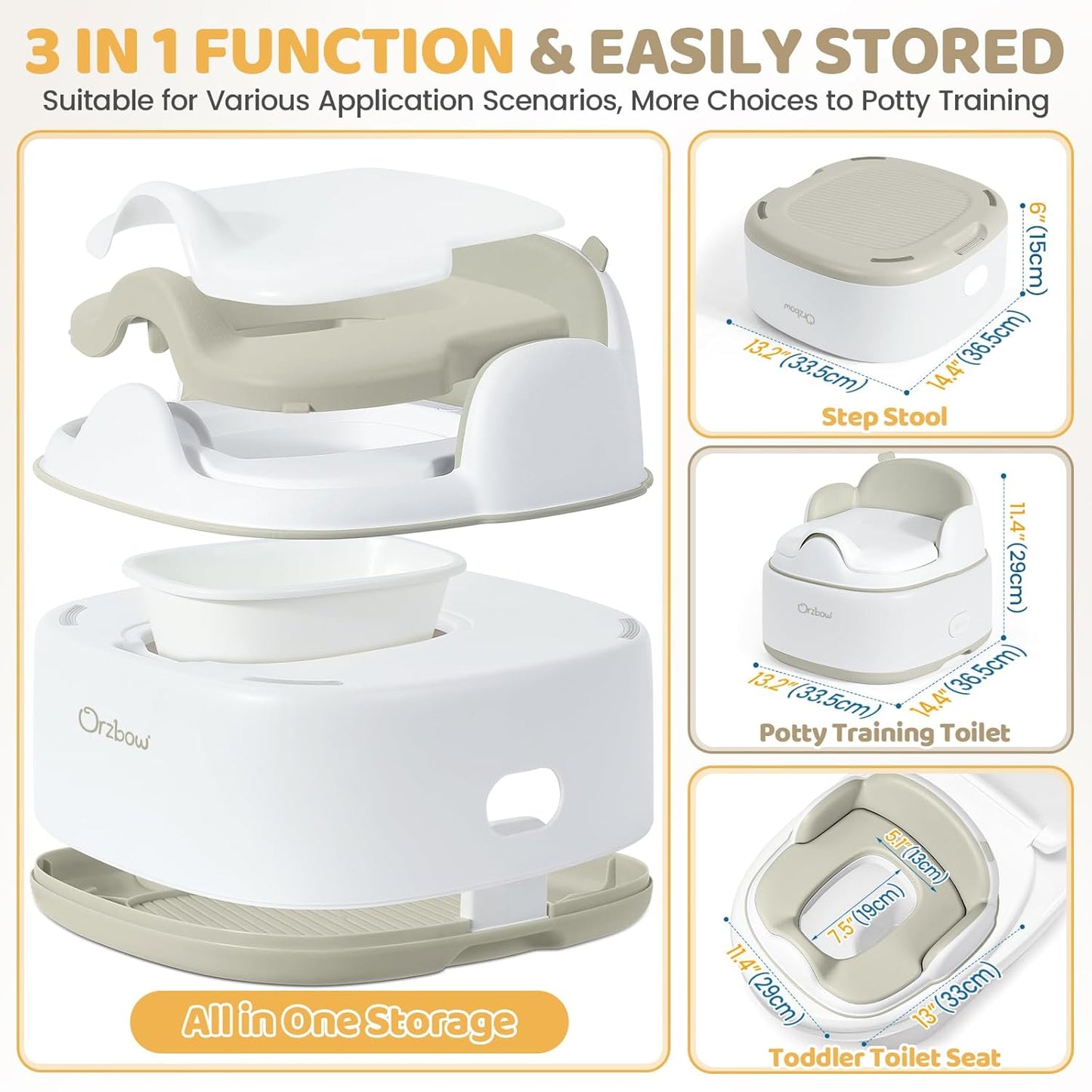 Orzbow 3-in-1 Toddler Potty Training Toilet | Baby Potty Chair, Toilet Topper Training Seat and Step Stool for Boys and Girls, Easy-to-Clean with Splash Guard and Lid, Grey