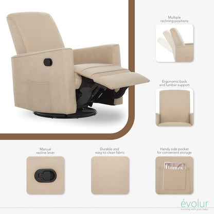 Evolur Raleigh Upholstered Manual Glider Recliner– Rocking & 360° Swivel with Smooth Glide – Greenguard Gold & FSC Certified – Modern Nursery and Living Room Chair in Light Sand