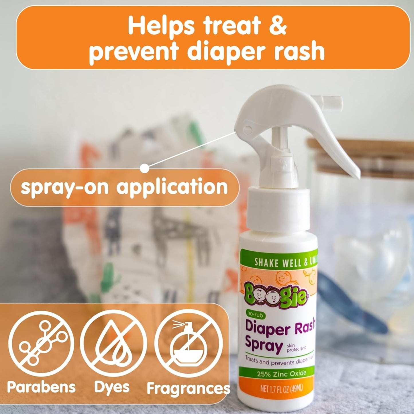 Boogie Diaper Rash Cream Spray for Baby, Travel Friendly No-Rub Touch Free Application for Sensitive Skin, Over 200 Sprays per Bottle, 1.7 oz (Pack of 1)