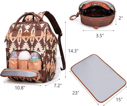Montana West Wrangler Diaper Bag Backpack Aztec Travel Backpack Purses Western Multi-Function Baby Bags for Mom with Waterproof Insulated Pockets
