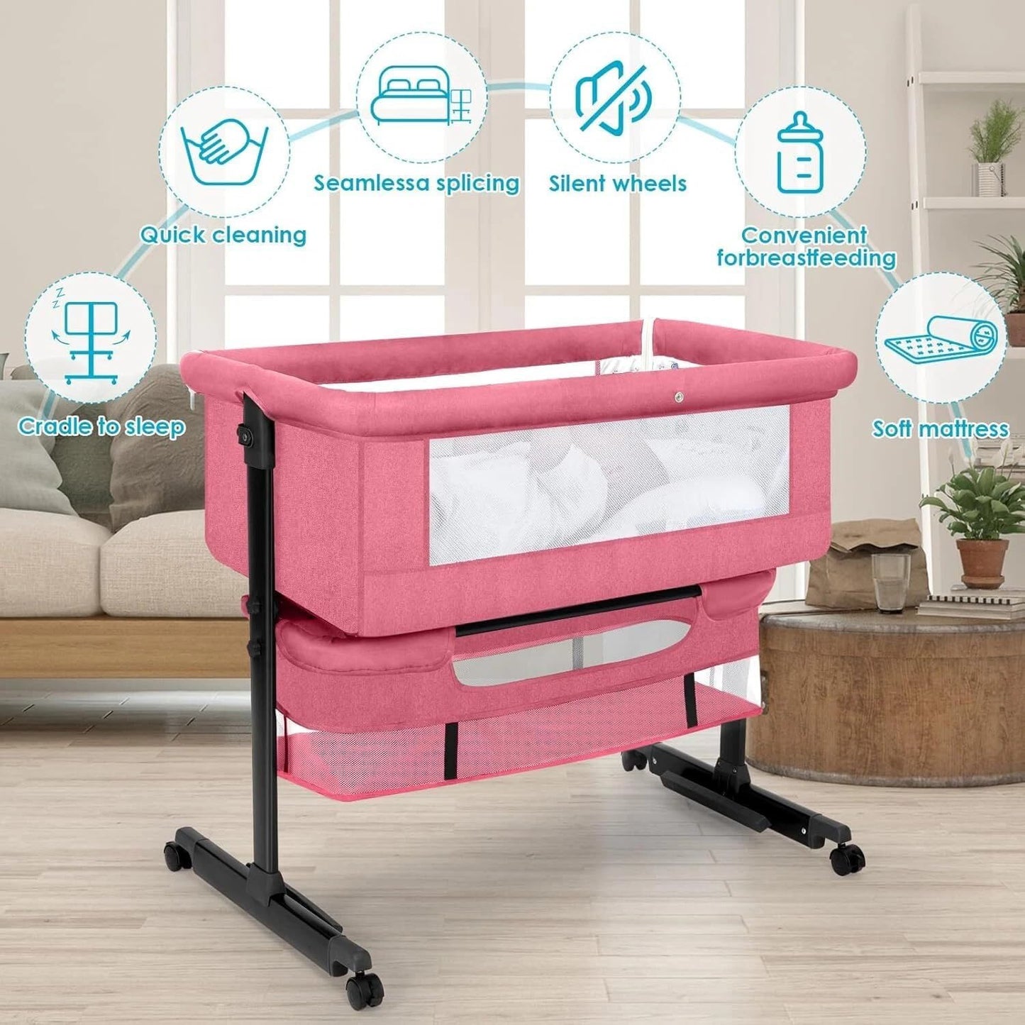 Baby Bassinets Bedside Sleeper, 3 in 1 Baby Bassinet, Adjustable Easy Folding Portable Bed, with Mosquito Nets, Large Storage Bag, Comfortable Mattresses, for Infant/Baby/Newborn (Gray)