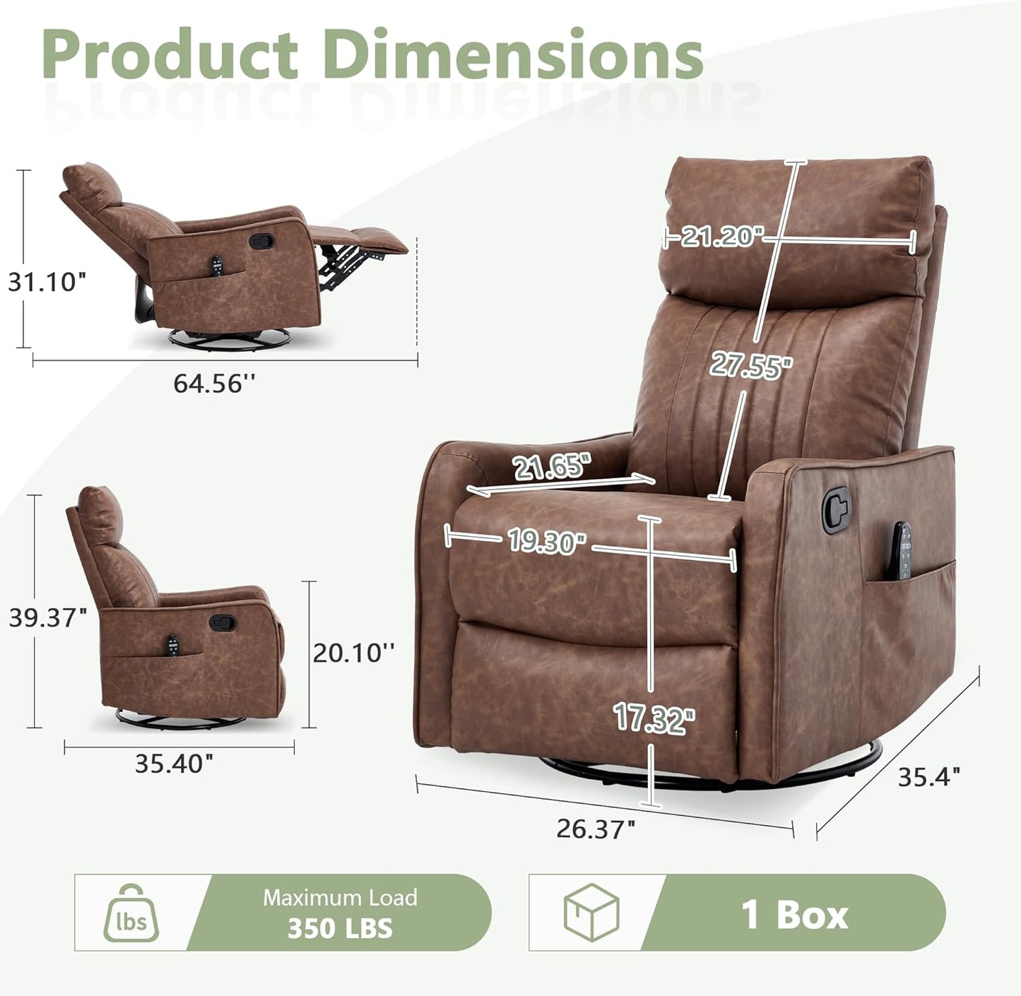 cinkehome Swivel Rocker Recliner, Glider Rocker Recliner Chair for Nursery, Manual Reclining Chair with Heated Massage, Small Spaces, Living Room, Khaki Chenille
