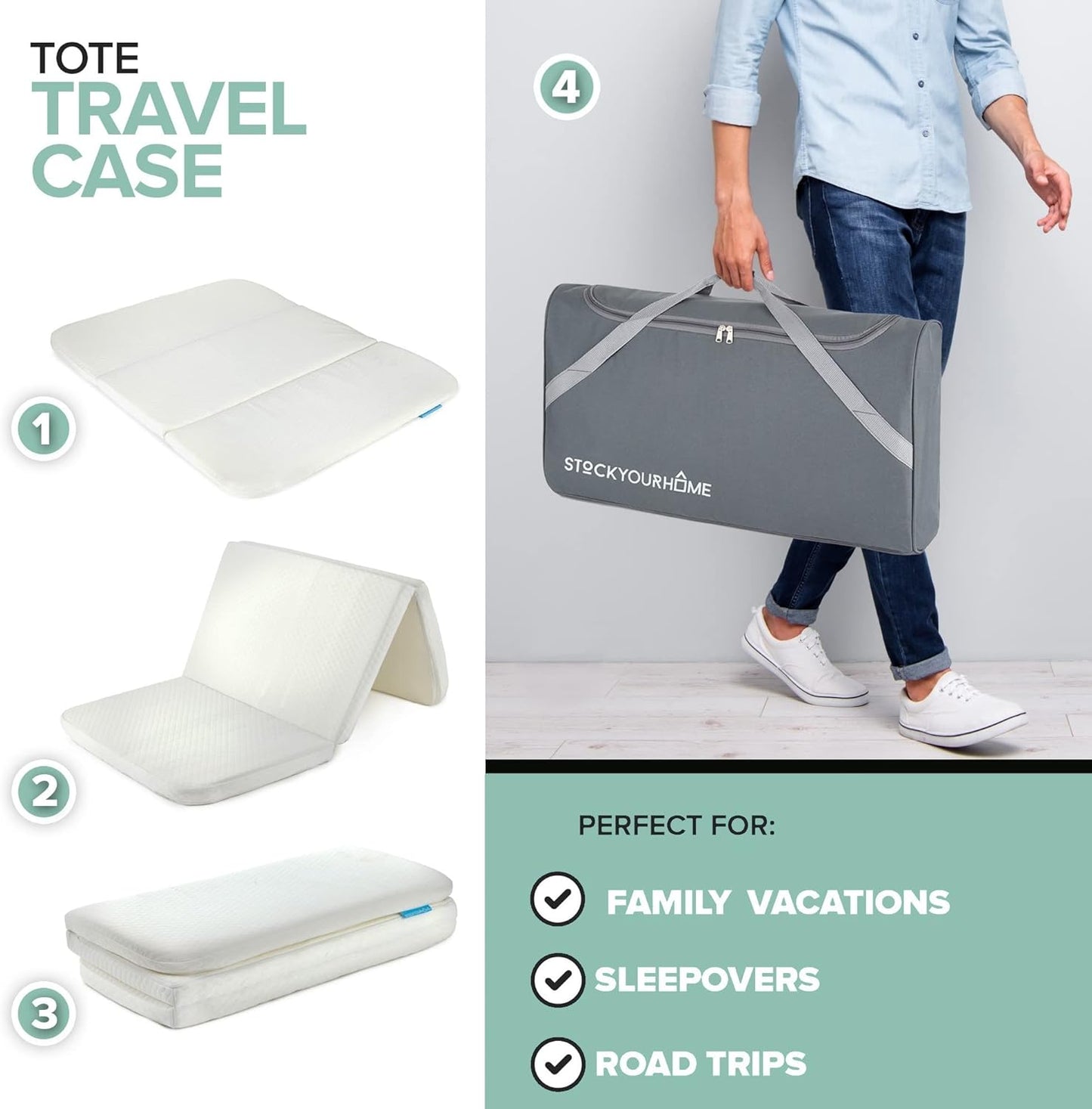 Foldable Travel Pack n Play Mattress Pad with Bag, Waterproof Portable Mini Crib Mattresses, Baby Bed Playpen Memory Foam Topper, Playard Pen Accessories, Traveling Case Included