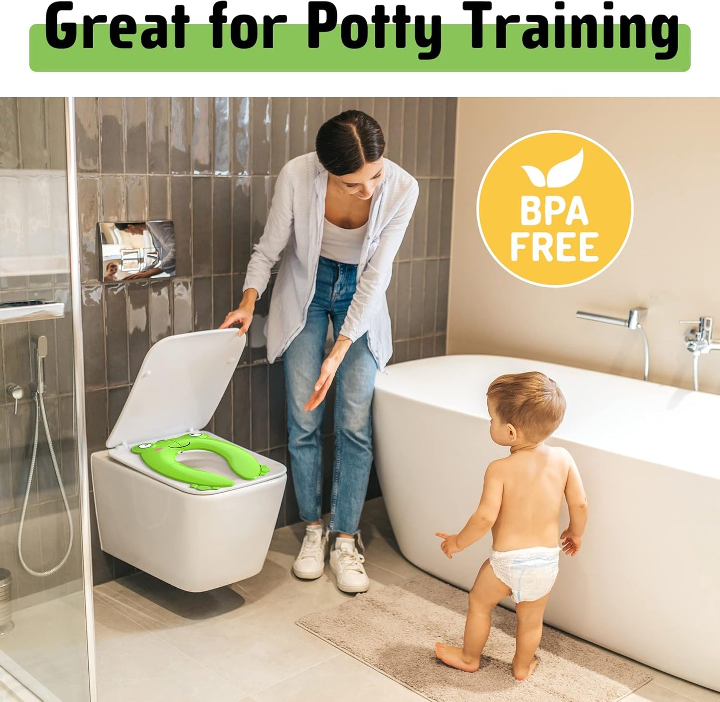 Portable Potty Seat for Toddler Travel - Foldable Non-Slip Potty Training Toilet Seat Cover for Boys Girls, Baby Kids with Drawstring Bag (Green Frog)