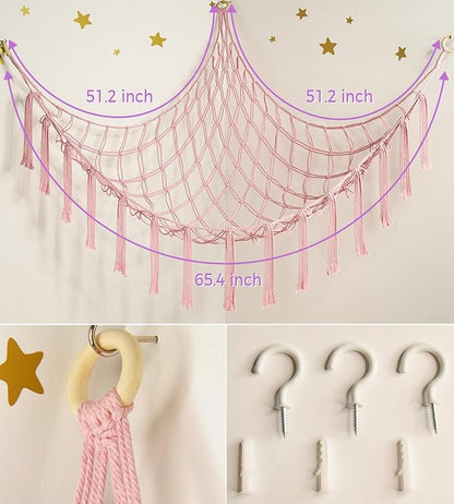 mirolam Stuffed Animal Storage Hammock Net - Toy Hammock Net for Stuffed Animals Corner - Hanging Stuff Animal Organizer Holder Large Pink Baby Nursery Room Decor