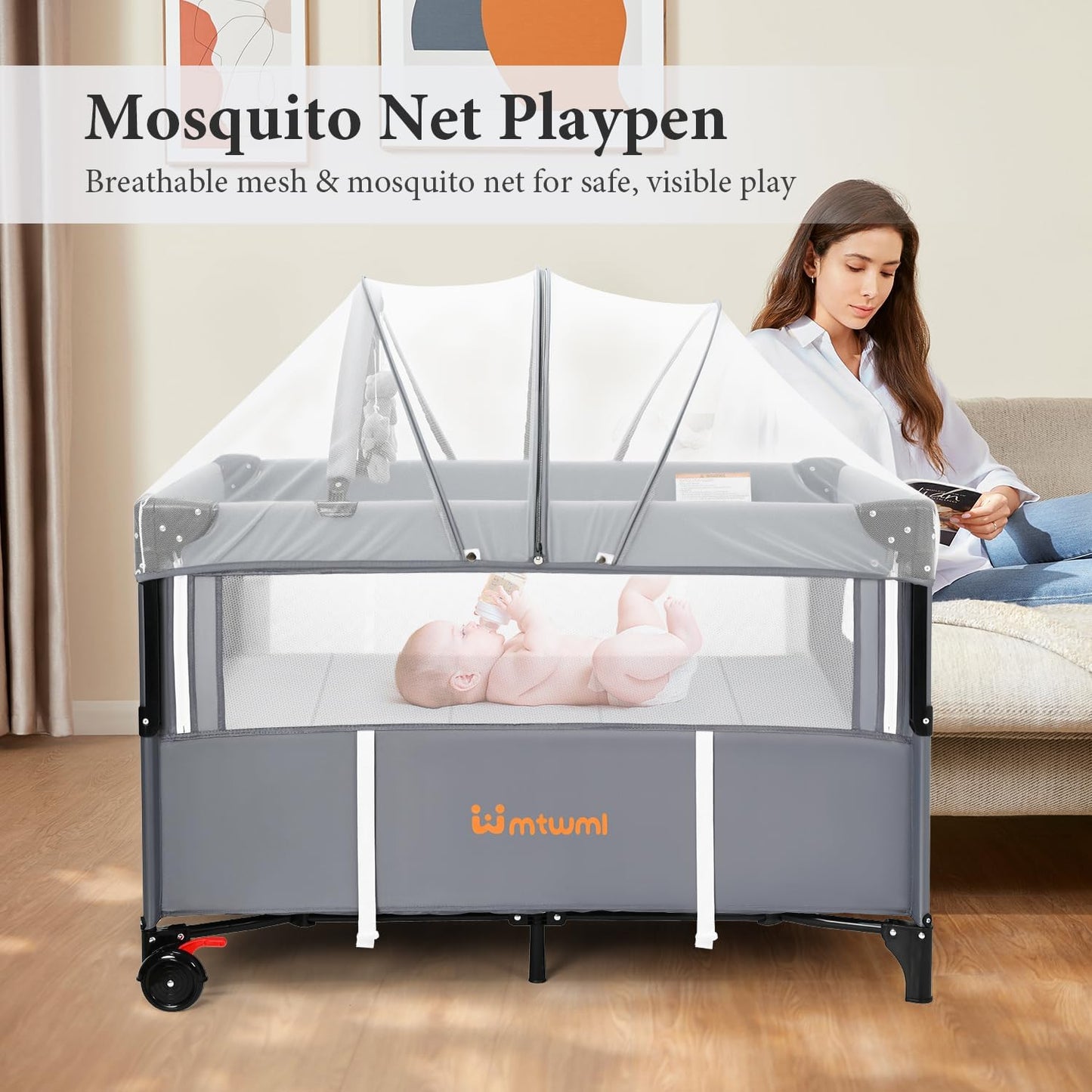 MTWML Portable Baby Bassinet,3 in1 Bedside Crib and Baby Playard & Changing Table with Wheel,1-Second Setup Foldable Playpen with Travel Bag Mosquito Net for Newborn Toddler (DeepGrey)