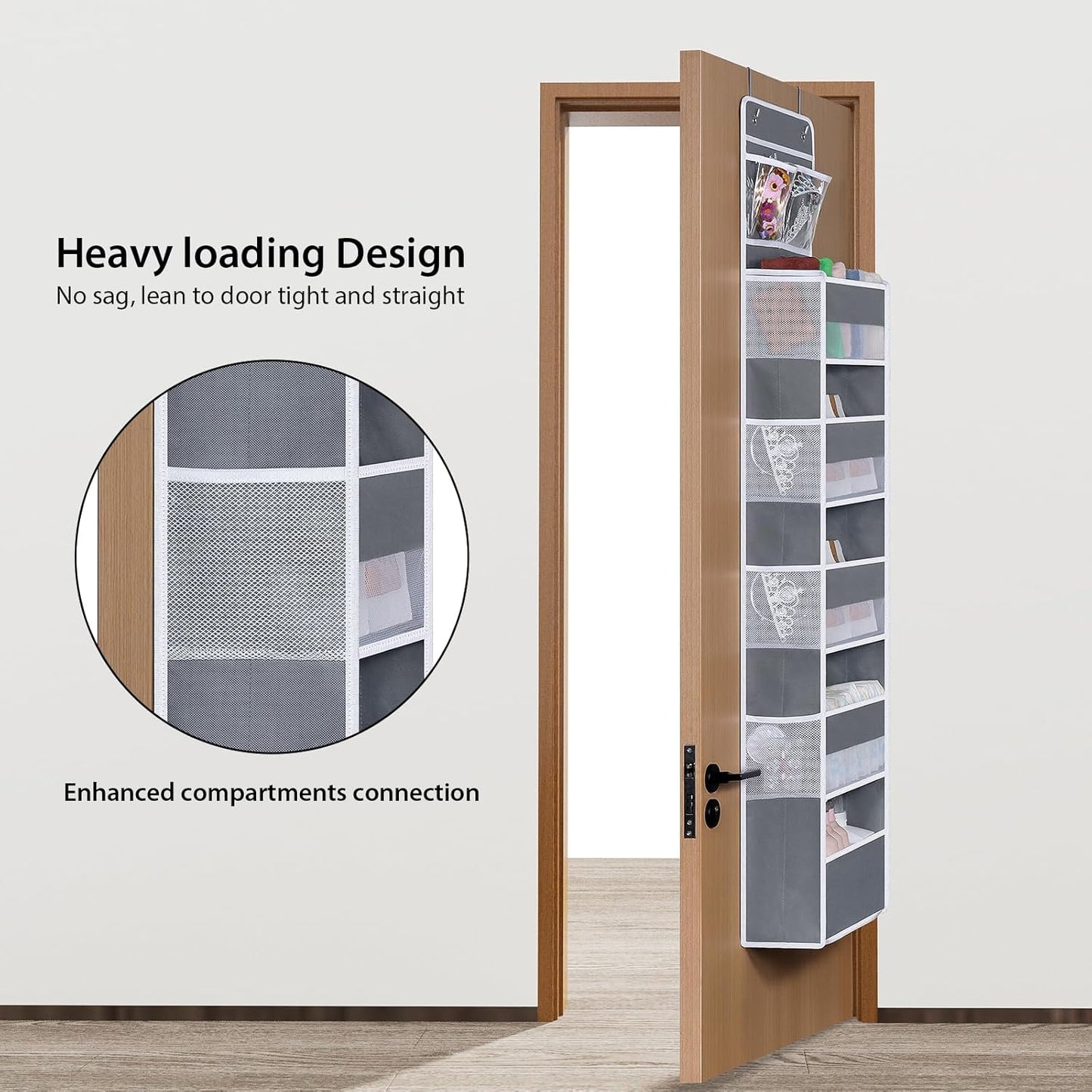 Univivi Over The Door Organizer, 5 Shelf Door Hanging Organizer Nursery Door Storage with 4 Large Compartments and 2 Small PVC Pockets 6 Side Pockets for Bathroom,Cosmetics and Nursery Baby Essential