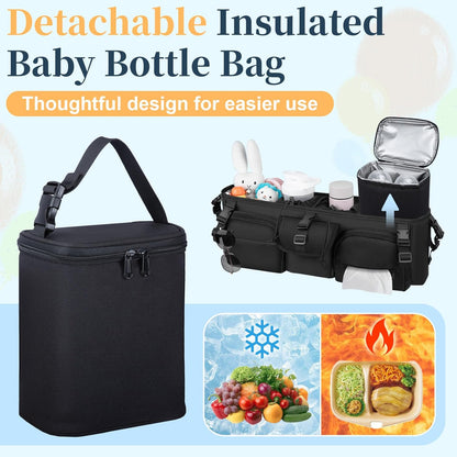 GDNasist Double Stroller Organizer Compatible with Bob Duallie and Baby Jogger City Mini GT2, Double Baby Stroller Accessories with Cooler Bag, Parent Console Double Jogging Stroller Caddy, Black