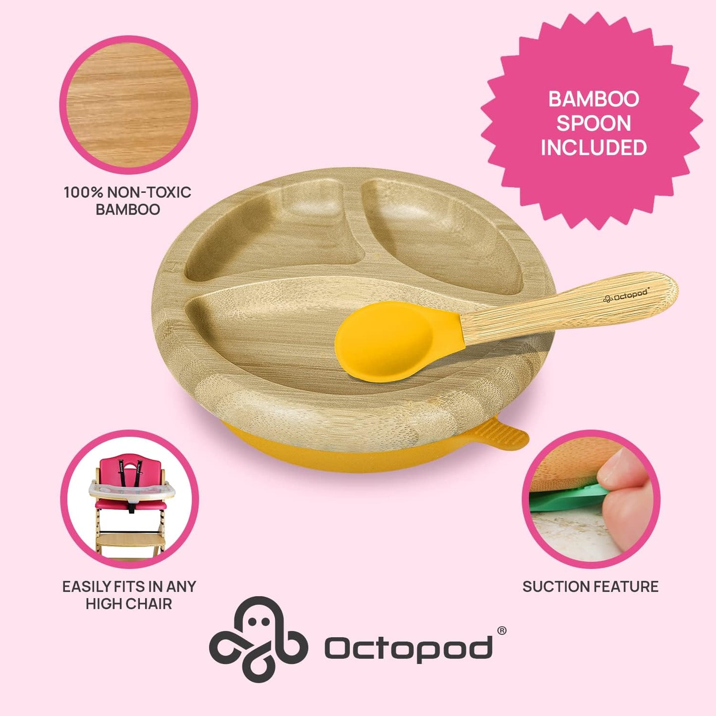 Abiie Octopod Bamboo Dish - Kids Plates for 4 months and up, 3-Compartment Baby Plates with Suction, Triangle Bamboo Baby Plate, Mess-Free Toddler Suction Plates, Baby Feeding Supplies, 8.3x1.9x7.7 in