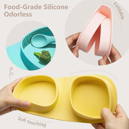 Baby Plates with Suction with Forks and Spoons, Foldable Silicone Toddler Plates, Baby Travel Essential, Microwave & Dishwasher Safe, Purple