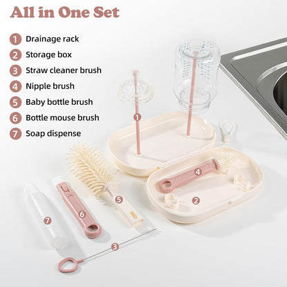 7-in-1 Baby Bottle Brush Set, Silicone Bottle Cleaner Kit with Nipple & Straw Brush, Soap Dispenser, Drying Rack & Travel Storage Case, Baby Bottle Cleaning Essentials (Green-Crocodile