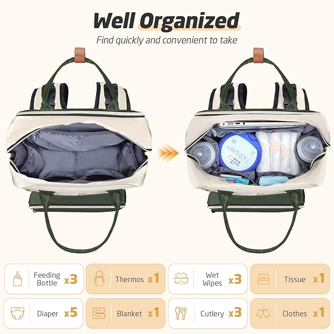 Diaper Bag Backpack - Extra Large Diaper Bag for 2 Kids Twin, Travel Baby Bags for Mom Dad 25-37L Expandable with Changing Pad Earphone Hole, Apricot Green