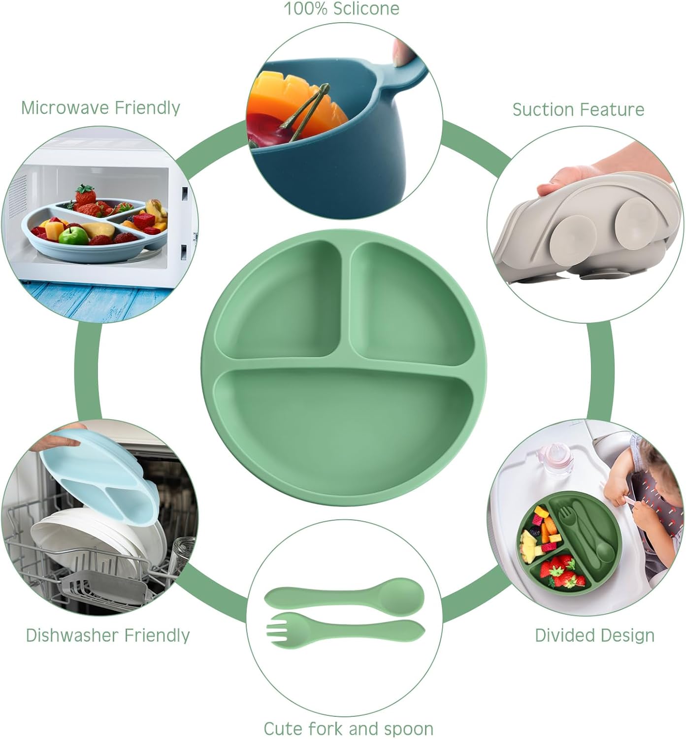 Dandat 24 Pcs Silicone Baby Feeding Set,6 Baby Toddler Suction Bowls 6 Divided Suction Plates with 6 Forks 6 Spoons, Utensils Set for Weaning Infant Feeding and Eating, 6 Styles (Elegant Color)