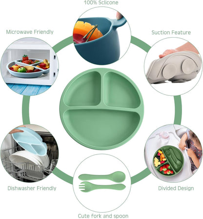 Dandat 24 Pcs Silicone Baby Feeding Set,6 Baby Toddler Suction Bowls 6 Divided Suction Plates with 6 Forks 6 Spoons, Utensils Set for Weaning Infant Feeding and Eating, 6 Styles (Elegant Color)