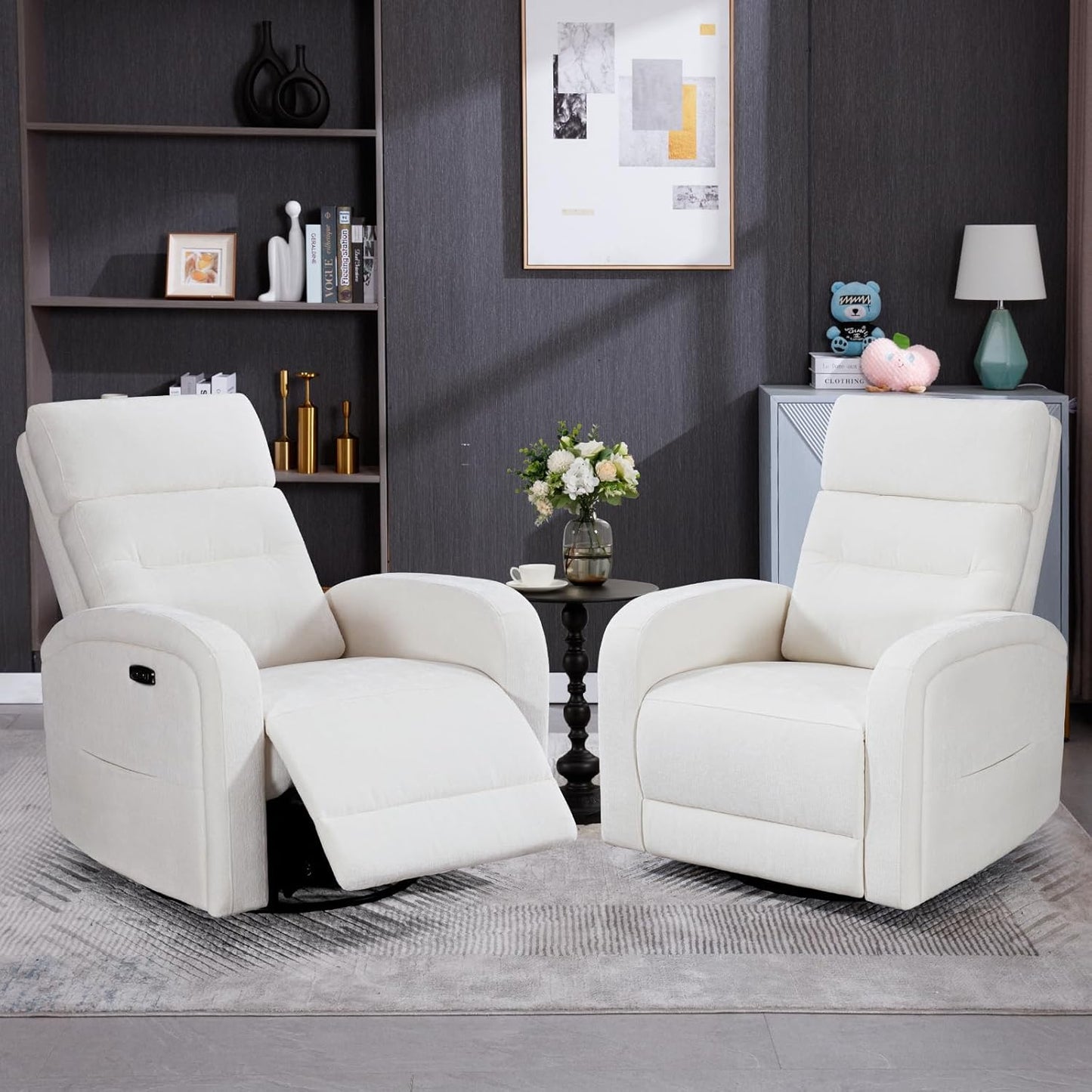 Power Swivel Rocker Recliner Chair for Nursery, Swivel Reclining Rocking Chairs, Electric Glider for Living Room, Upholstered Recliner Chairs for Bedroom, Corduroy White
